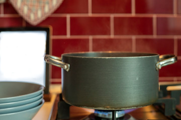  pot cooking and tablet with recipe.