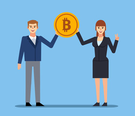 Businessman and woman holds bitcoin. Electronic currency concept. Flat design vector illustration