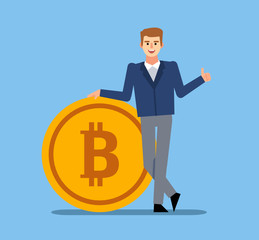 Businessman leaning to big bitcoin and shows thumb up gesture. Electronic currency concept. Flat design vector illustration