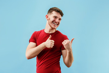 Do not miss. Young casual man shouting. Shout. Crying emotional man screaming on blue studio...