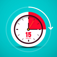 Fifteen 15 Minutes Time Symbol. Analog Vector Clock Icon.