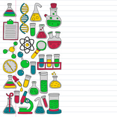 Vector set of chemistry, science icons. Pattern with laboratory equipment images.