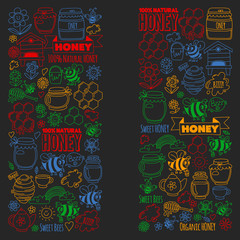 Vector image of bees, organic farm honey. Pattern with summer flowers. Healthy food.