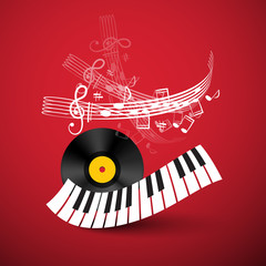 Piano Keyboard with Lp Vinyl Record and Staff on Red Background