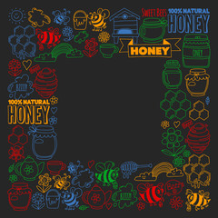 Fototapeta na wymiar Vector image of bees, organic farm honey. Pattern with summer flowers. Healthy food.