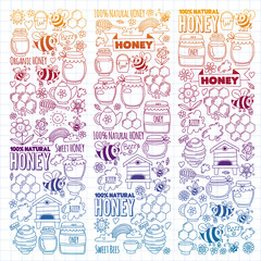 Vector image of bees, organic farm honey. Pattern with summer flowers. Healthy food.