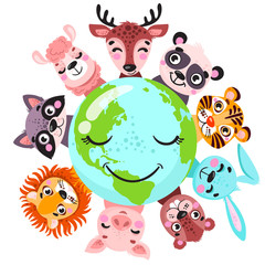 Cute animals around globe banner vector illustration. Animals planet concept, world continents fauna, world map with wild animals. Panda, lion, raccoon, deer, pig, llama, hare, tiger  in cartoon style