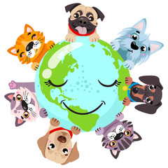 Cute cats an around globe banner vector illustration. Animals planet concept, world continents fauna, world map with cats and dog. Pug, labrador, dachshund, terrier, cat  in cartoon style