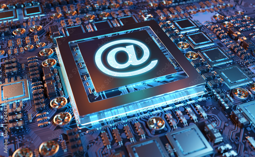 Fototapete close-up view of a modern gpu card with email icon 3d rendering
