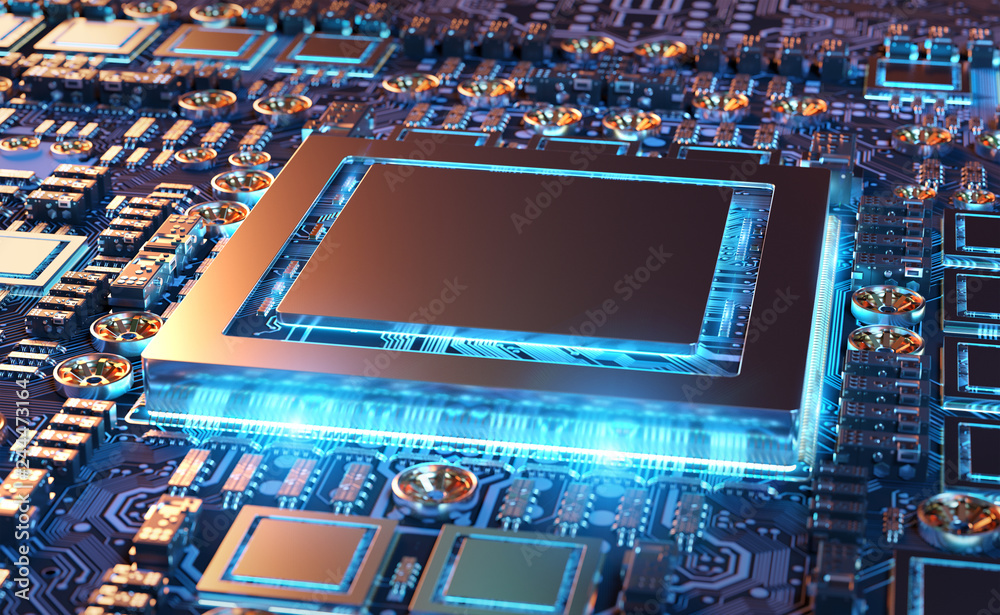 Fototapete Close-up view of a modern GPU card with circuit 3D rendering