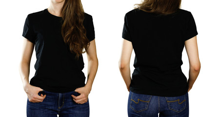 A girl in an empty black t-shirt. Front and back view. Close up. Isolated on white background
