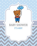 Baby boy shower card. . Cute bear with heart-shaped balloons. space for text