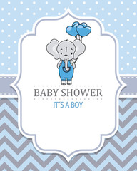 Baby shower card. Cute elephant with heart-shaped balloons. Space for text