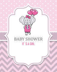 Baby shower card. Cute elephant with heart-shaped balloons. Space for text