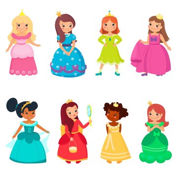 Little princesses in colorful beautiful dresses and gold crowns. Cute smiling queens. Set of fairy tale pretty kids. Cartoon style. Vector illustration.