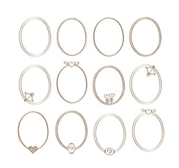 Set of decorative oval vintage frames with hearts. Elements for Valentine's Day, birthday, wedding. Doodles, sketch for your design. Vector illustration.