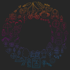 Vector set of camping, hiking icons for little children. School and kindergarten kids vacation.