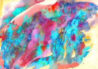 Abstract artistic hand painted watercolor, pink, turquoise colors palette