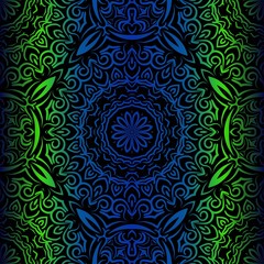 Mandala Seamless Floral Pattern. Design For Square Fashion Print. Vector Illustration. Blue, green color