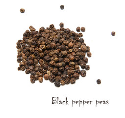 Black peppercorns on white isolated background