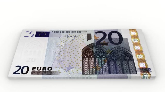 Animazione illustrazione 3D. Crescita pila di banconote da  venti  euro su sfondo bianco.