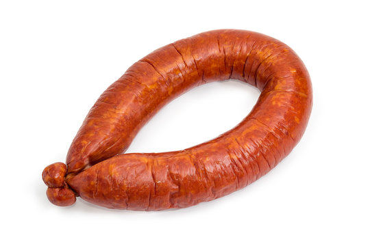 Ring bologna sausage on a white background