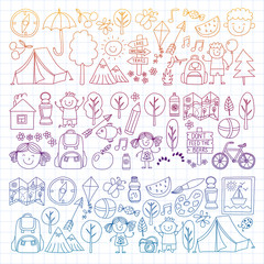 Vector set of camping, hiking icons for little children. School and kindergarten kids vacation.