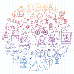 Vector set of camping, hiking icons for little children. School and kindergarten kids vacation.