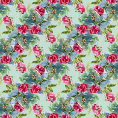 Blooming garden. Red wild rose. Beautiful, with many details seamless watercolor pattern. Great for design fabric, wrap, wallpaper, scrapbooking.