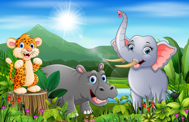 Landscape forest with happy animals cartoon