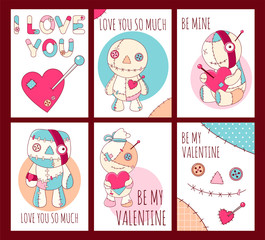 Set of Valentine's day banners with cute voodoo dolls