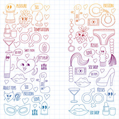 Funny icons for sex shop. Cute cartoon characters. Dildo, strawberry, condom, heart. Love and play