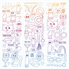 Fototapeta na wymiar Funny icons for sex shop. Cute cartoon characters. Dildo, strawberry, condom, heart. Love and play