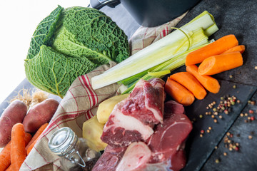 meat and vegetables for preparation of french pot au feu