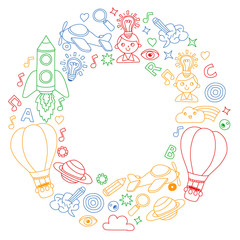 Education and imagination illustration for little children. Image for kindergarten, school kids. Travel, adventure, exploration.