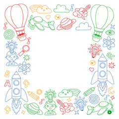 Education and imagination illustration for little children. Image for kindergarten, school kids. Travel, adventure, exploration.