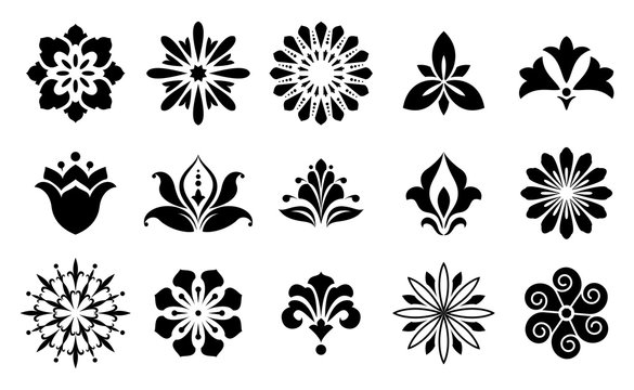 Collection of different stylistic flowers in black and white .Vector graphic.