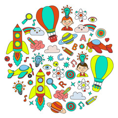 Education and imagination illustration for little children. Image for kindergarten, school kids. Travel, adventure, exploration.