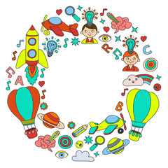 Obraz premium Education and imagination illustration for little children. Image for kindergarten, school kids. Travel, adventure, exploration.