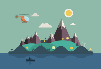 Landscape with Boat on Ocean. Vector Flat Design Island Illustration with Hills, Mountains and Helicopter