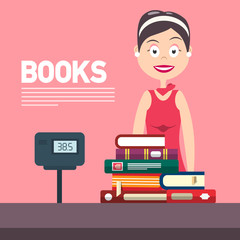 Woman with Cash Box in Bookstore. Books Flat Design Vector Illustration.