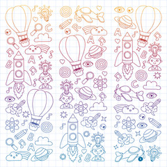 Naklejka premium Education and imagination illustration for little children. Image for kindergarten, school kids. Travel, adventure, exploration.