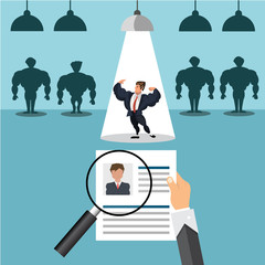  head hunter job with magnifying glass. HR illustration in flat style. 