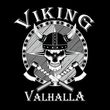Viking skull in a helmet with horns, shield, axes. Vector image on black background.