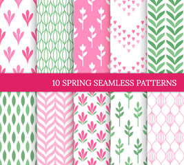 Ten spring seamless patterns. Romantic pink and green backgrounds for wedding or Mother's day. Endless delicate texture for wallpaper, web page, wrapping paper. Retro style. Flower, heart, leaf, curve