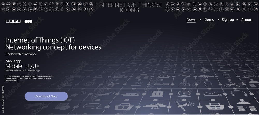 Poster internet of things (iot) and networking concept for connected devices. spider web of network connect