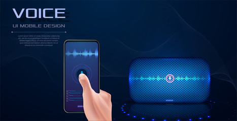 Personal assistant and voice recognition on mobile app. Concept flat vector illustration of human hand holds smartphone with microphone button on screen and voice and sound imitation lines. Vector