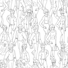 Seamless pattern with business people walking. Sketch style illustration with men and woman.