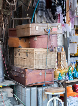 Vintage leather and rattan suitcases for sale at old Jaffa Flea Market
