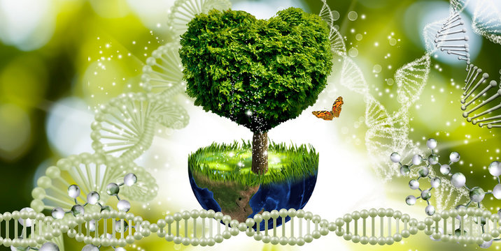 image of planet and the tree on genetic code background